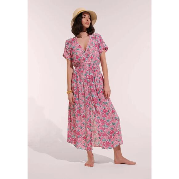 Poupette St Barth Becky Pink Kaktus Print Button Front Short Sleeve Maxi Dress - Picture 1 of 14